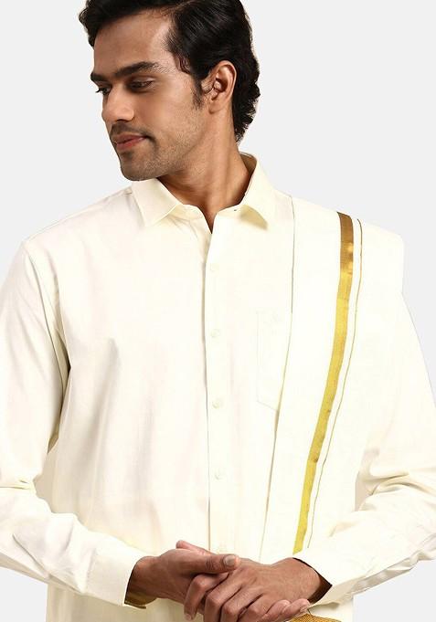 Cream Long Sleeves Pure Cotton Shirt With Golden Jari Dhoti And Angavastra For Men