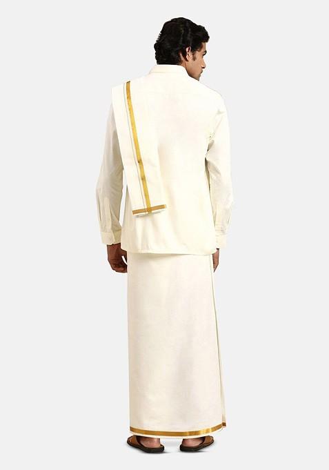 Cream Long Sleeves Pure Cotton Shirt With Golden Jari Dhoti And Angavastra For Men