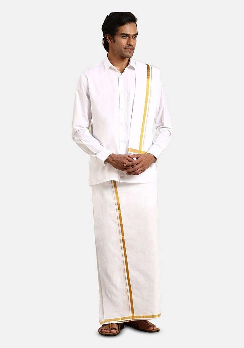 White Shirt And Gold Jari Single Dhoti With Towel And Belt For Men - Indya