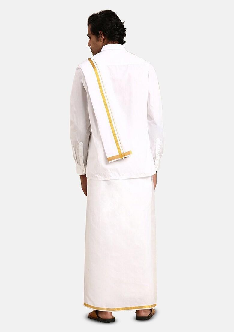 White Shirt And Gold Jari Single Dhoti With Towel And Belt For Men - Indya