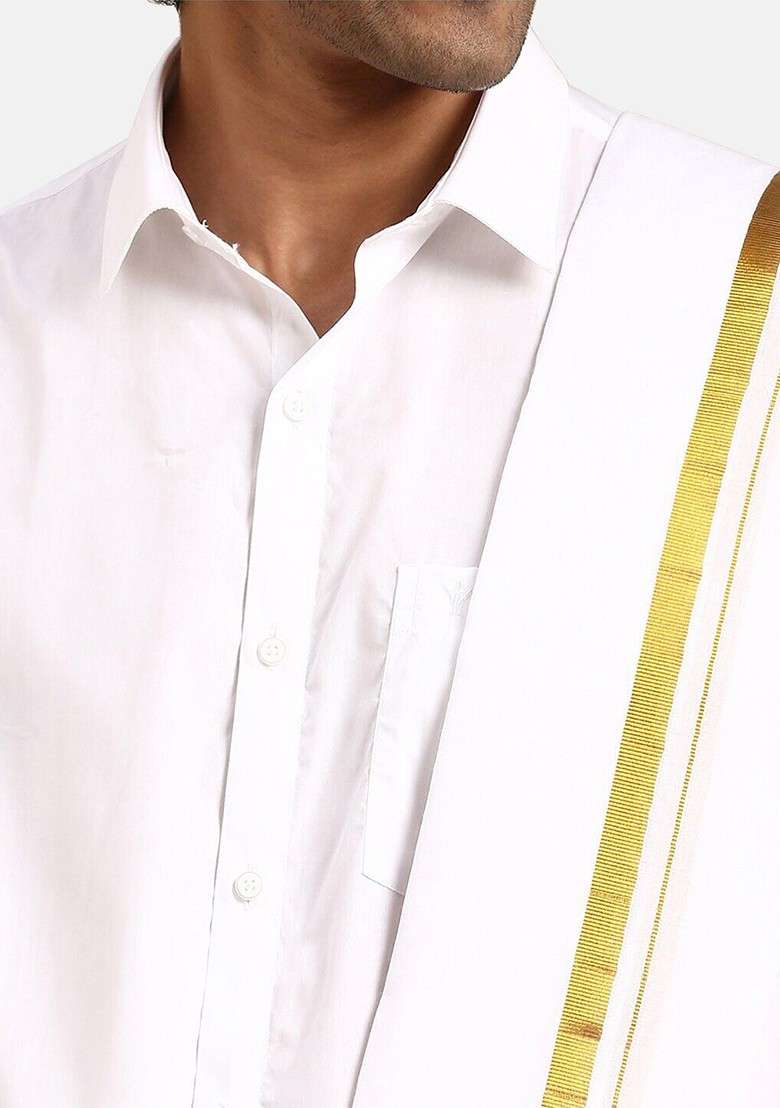 White Shirt And Gold Jari Single Dhoti With Towel And Belt For Men - Indya
