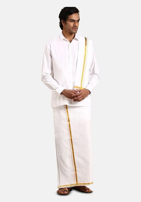 White Shirt And Gold Jari Single Dhoti With Towel And Belt For Men