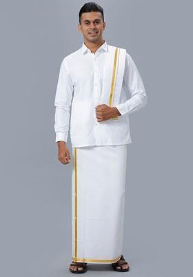 White Pure Cotton Shirt Double Dhoti Towel And Belt For Men