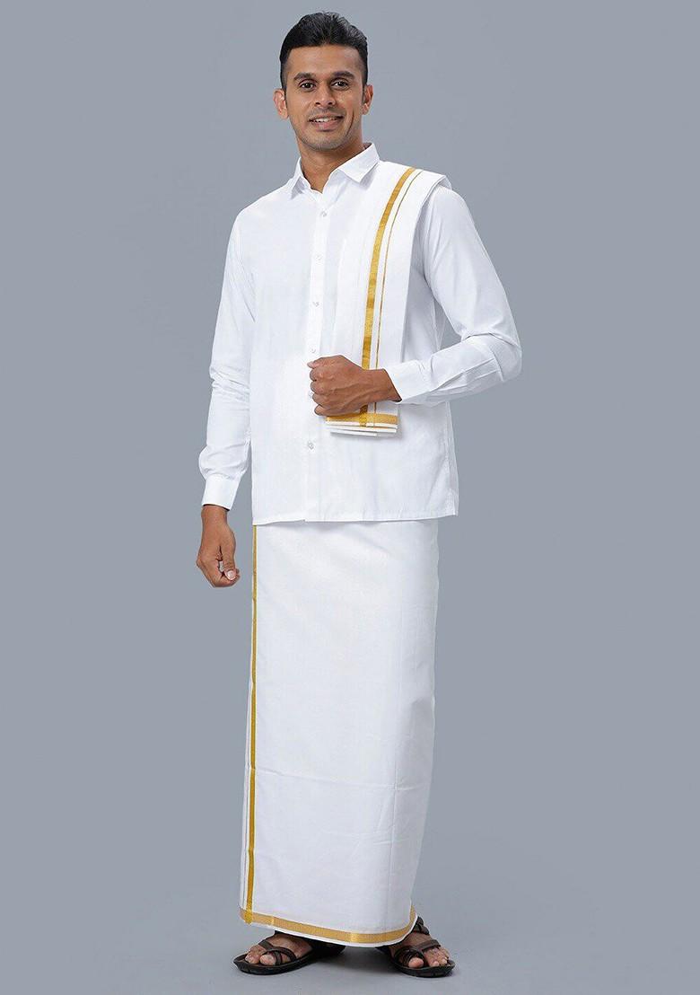 White Pure Cotton Shirt Double Dhoti Towel And Belt For Men
