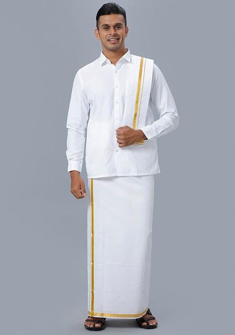 White Pure Cotton Shirt Double Dhoti Towel And Belt For Men