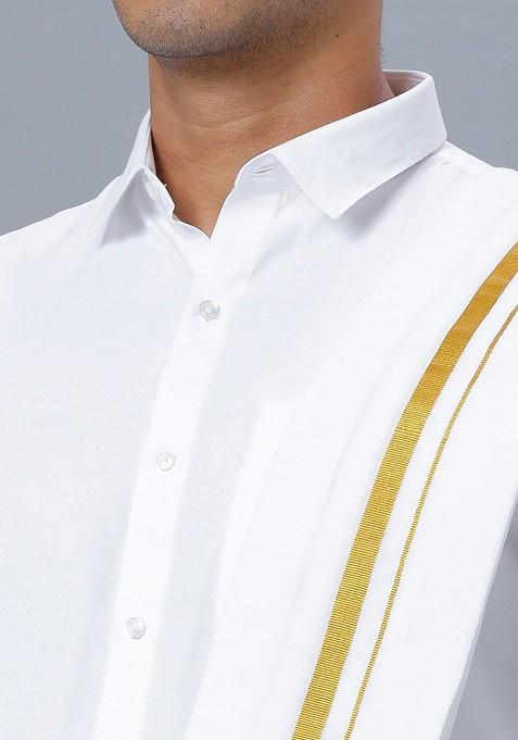 White Pure Cotton Shirt Double Dhoti Towel And Belt For Men