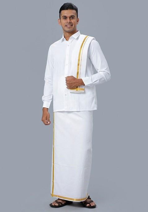 White Pure Cotton Shirt Double Dhoti Towel And Belt For Men