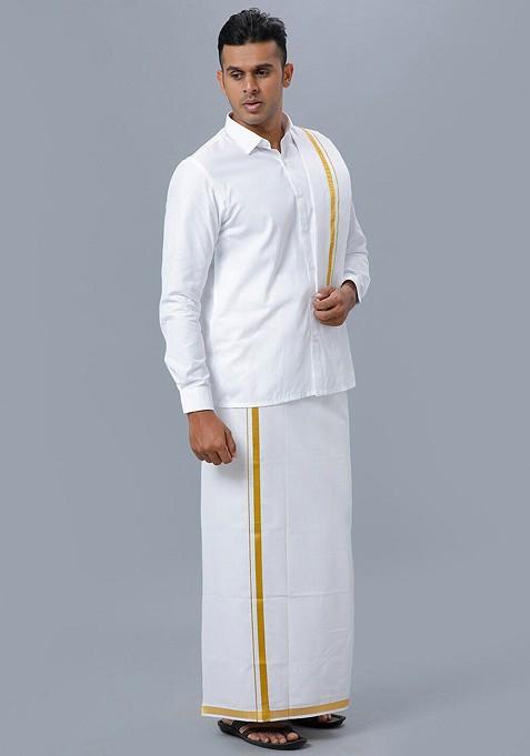 White Pure Cotton Shirt Double Dhoti Towel And Belt For Men