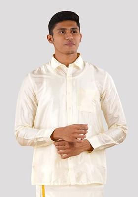 Cream Shirt With Panchakacham Dhoti And Towel Art Silk For Men