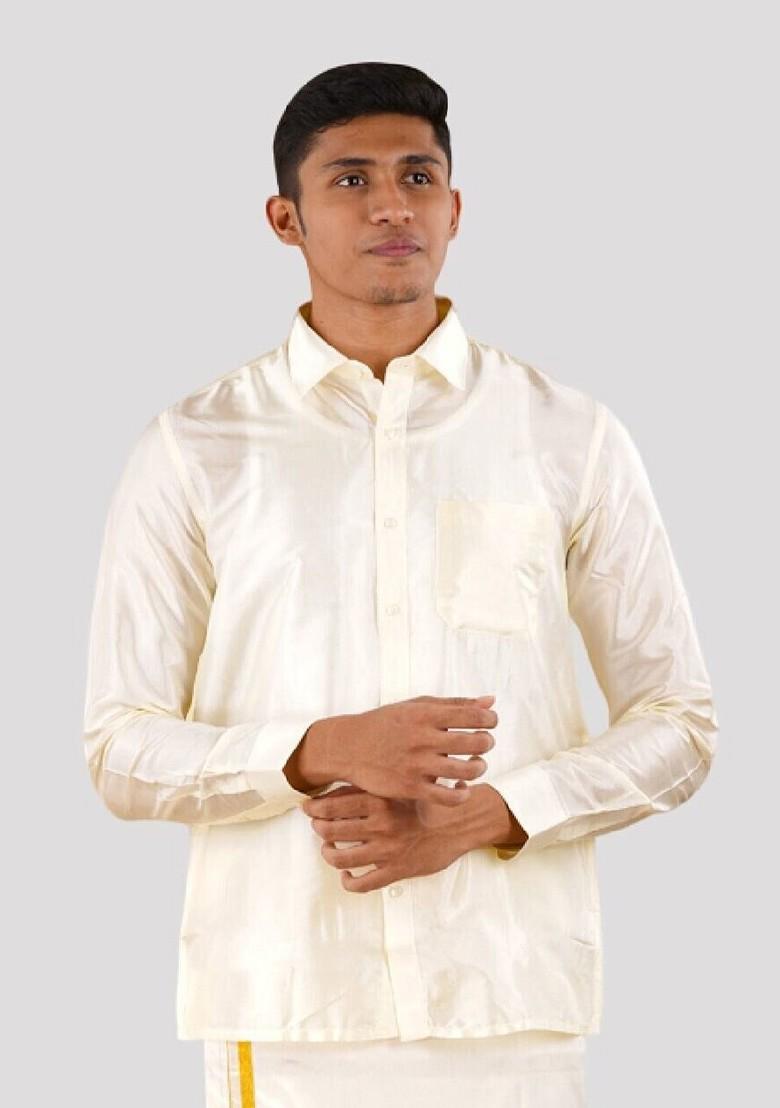 Cream Shirt With Panchakacham Dhoti And Towel Art Silk For Men - Indya