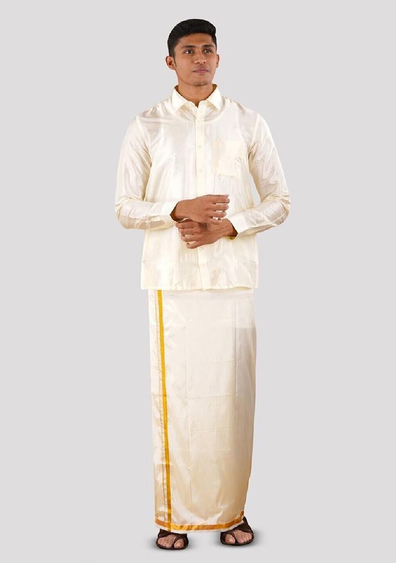 Cream Shirt With Panchakacham Dhoti And Towel Art Silk For Men - Indya