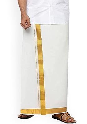 White Solid Gold Jari Border Double Layer Cotton Dhoti For Men