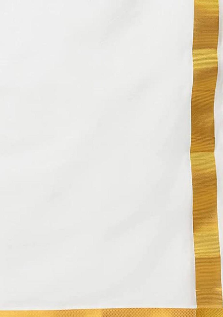 White Solid Gold Jari Border Double Layer Cotton Dhoti For Men - Indya