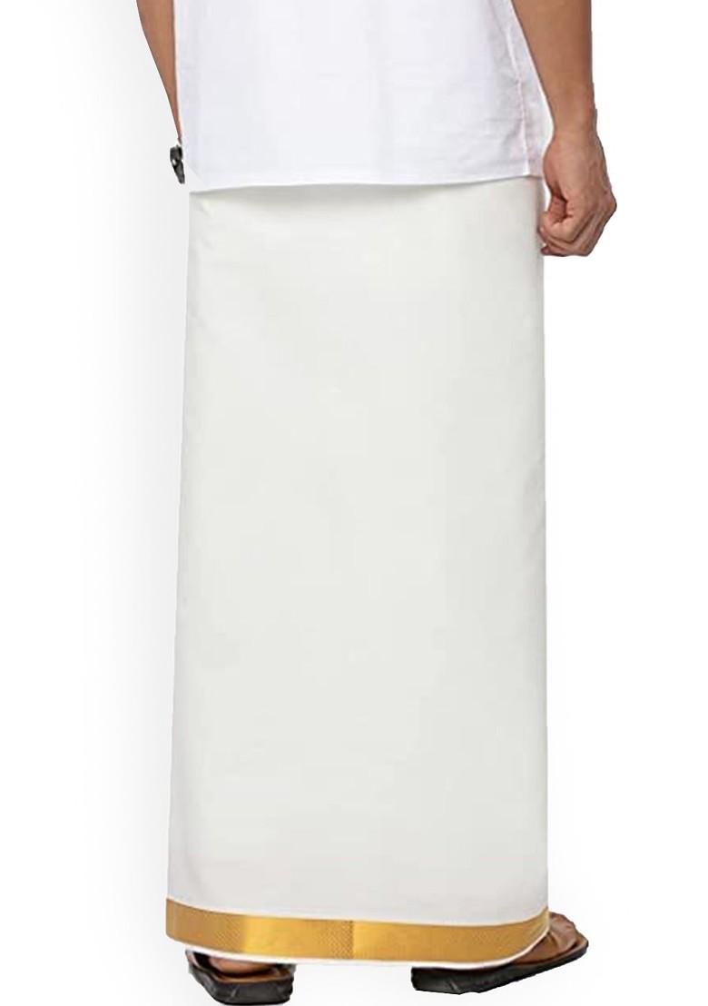 White Solid Gold Jari Border Double Layer Cotton Dhoti For Men - Indya