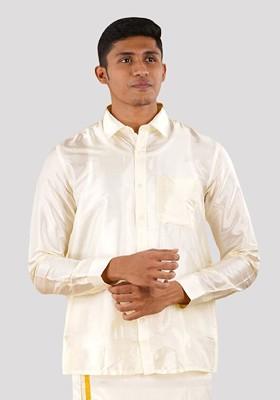 Cream Shirt With Panchakacham Dhoti And Towel Art Silk For Men