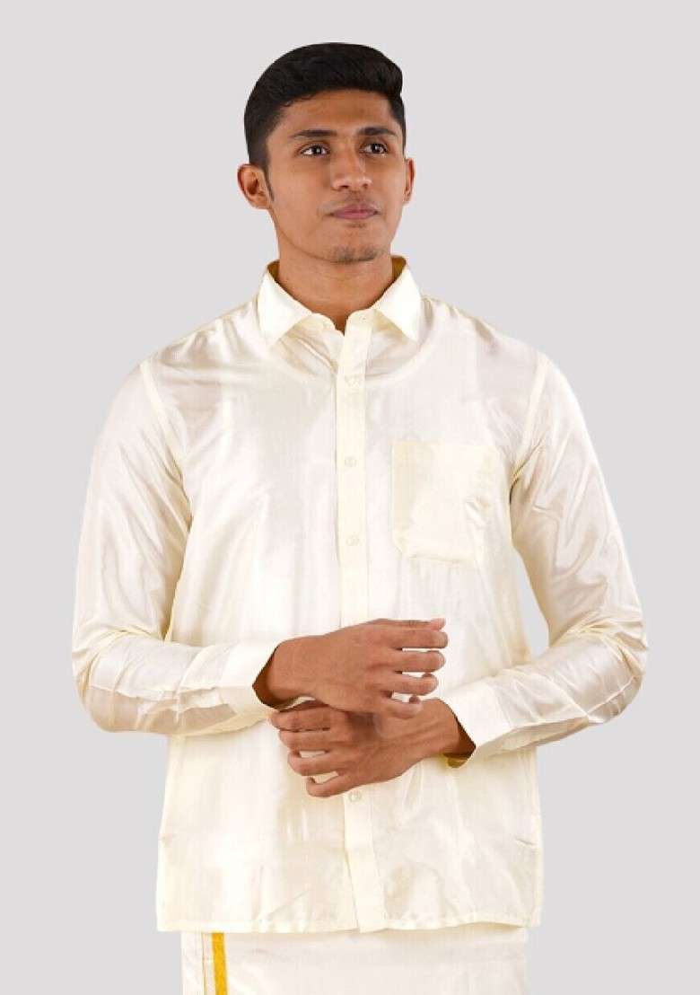 Cream Shirt With Panchakacham Dhoti And Towel Art Silk Blend For Men - Indya