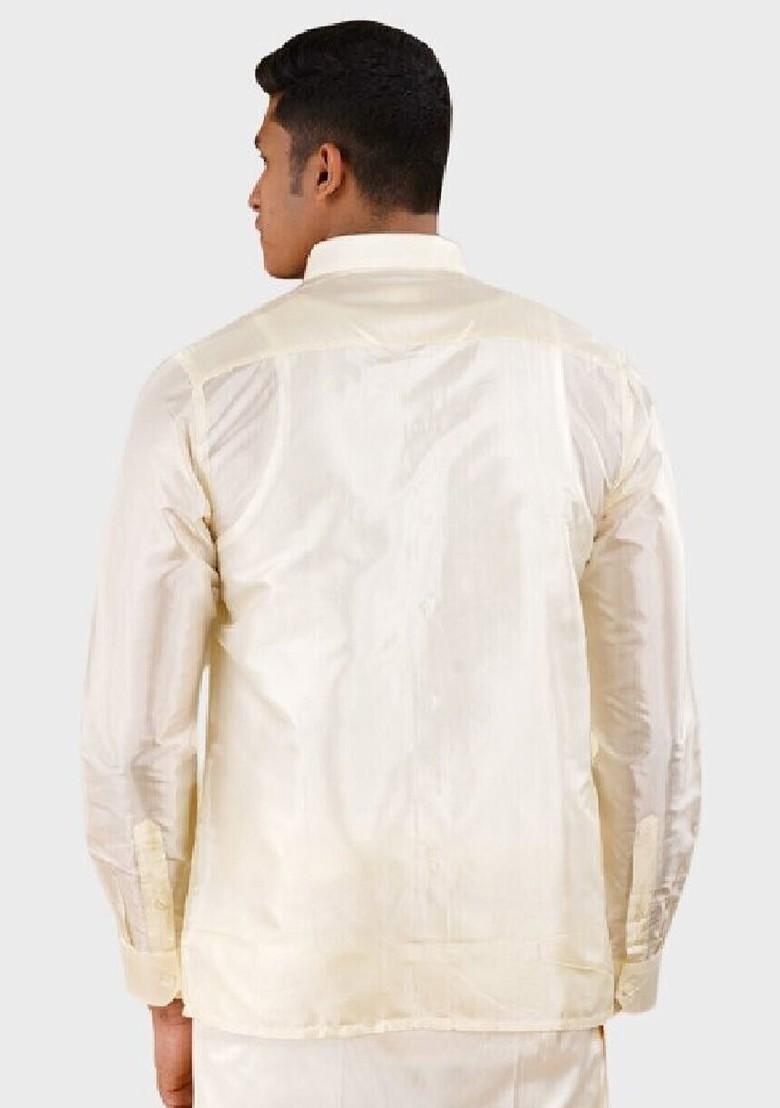 Cream Shirt With Panchakacham Dhoti And Towel Art Silk For Men - Indya