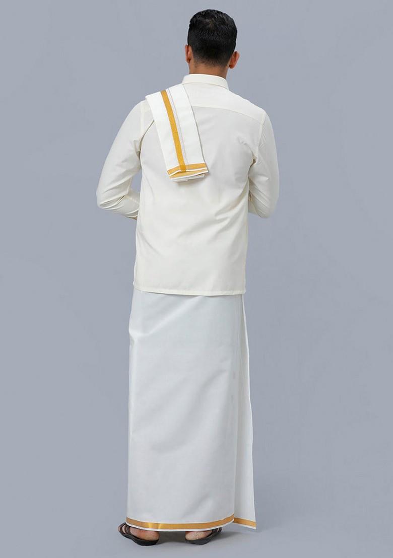 Off White Shirt With Gold Jari Double Dhoti Towel And Belt For Men - Indya