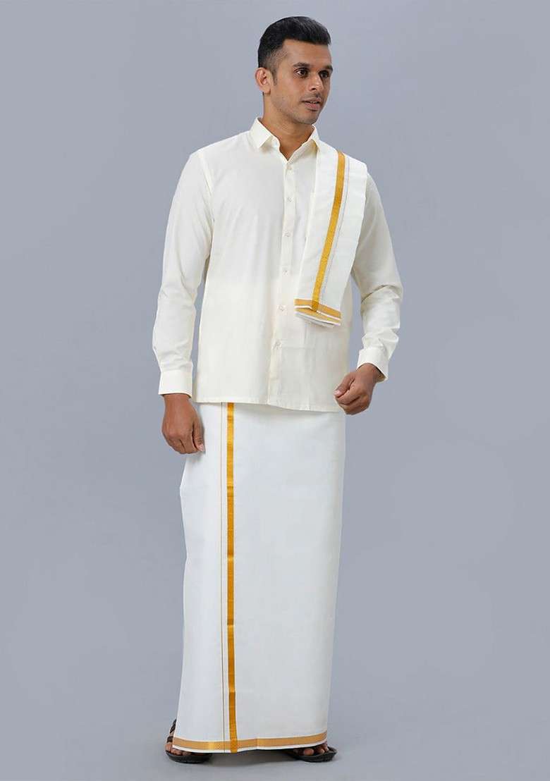 Off White Shirt With Gold Jari Double Dhoti Towel And Belt For Men - Indya