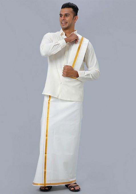 Off White Shirt With Gold Jari Double Dhoti Towel And Belt For Men — view on Indya