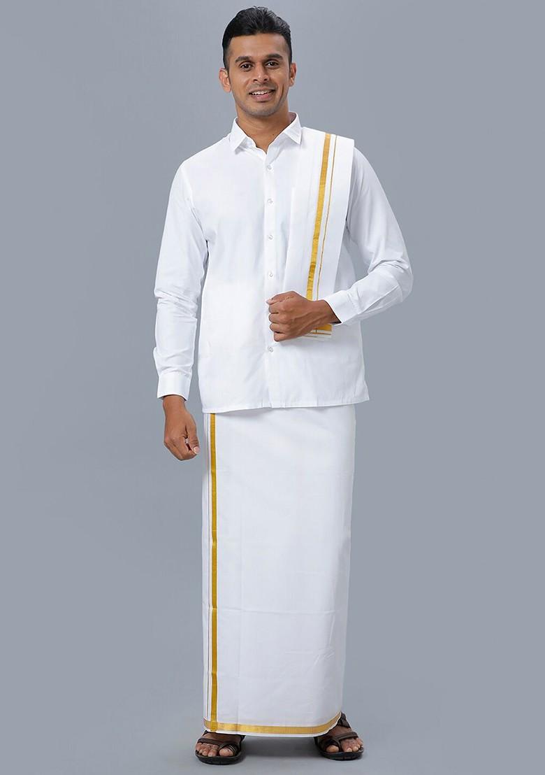 White Pure Cotton Shirt And Zari Detail Double Dhoti With Towel For Men - Indya