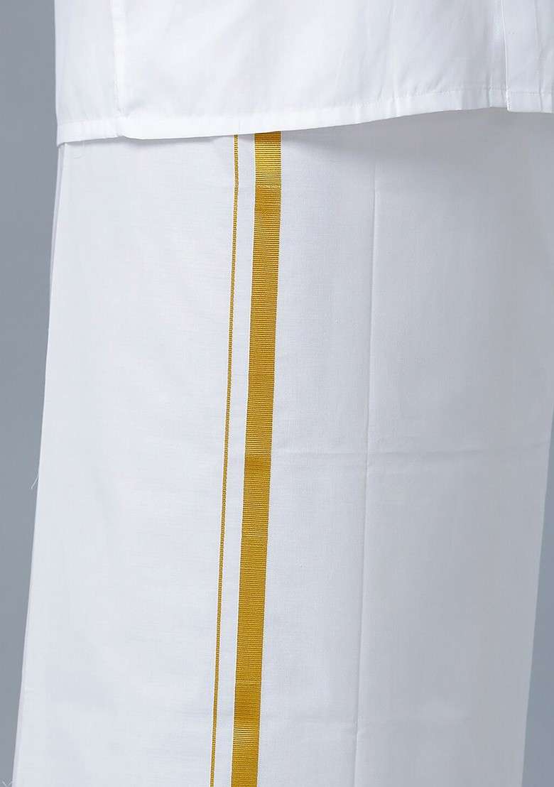White Pure Cotton Shirt And Zari Detail Double Dhoti With Towel For Men - Indya