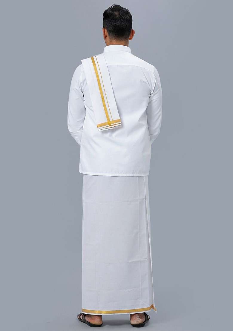 White Pure Cotton Shirt And Zari Detail Double Dhoti With Towel For Men - Indya