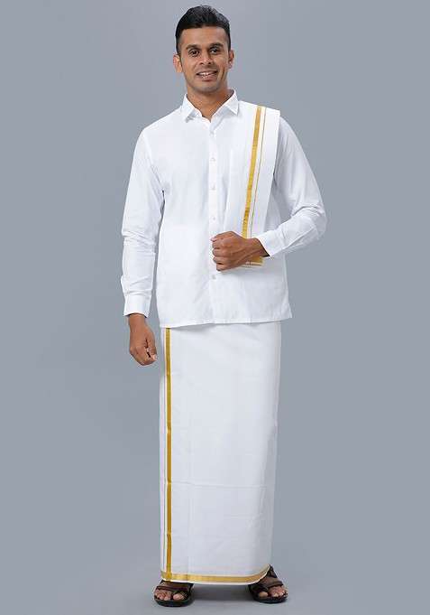 White Pure Cotton Shirt And Zari Detail Double Dhoti With Towel For Men