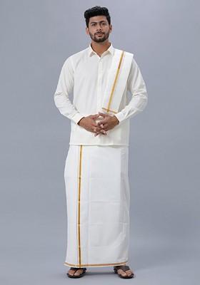 White Cotton Shirt With Dhoti And Towel For Men