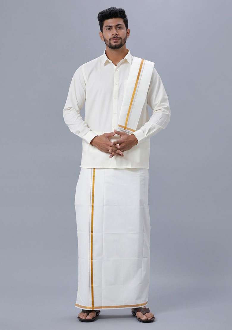 White Cotton Shirt With Dhoti And Towel For Men - Indya