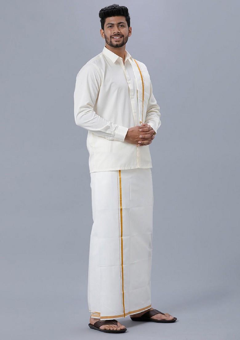 White Cotton Shirt With Dhoti And Towel For Men - Indya