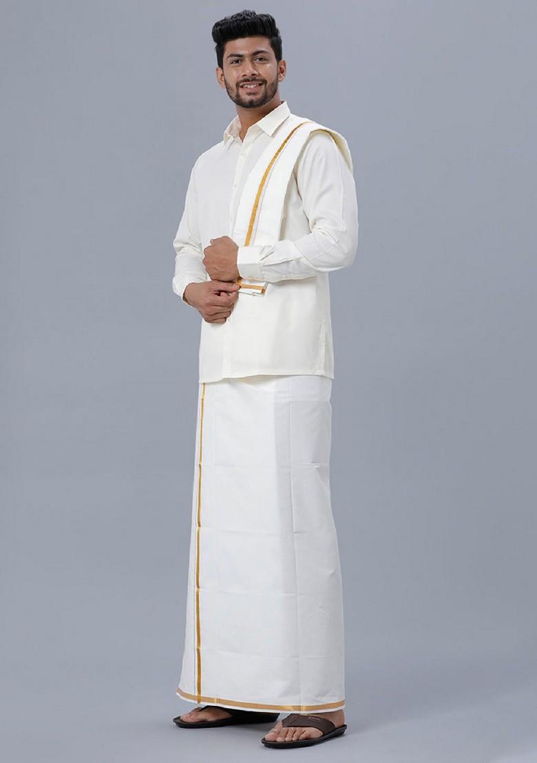 White Cotton Shirt With Dhoti And Towel For Men - Indya