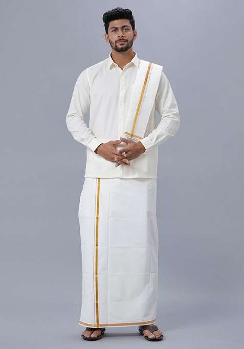 White Cotton Shirt With Dhoti And Towel For Men