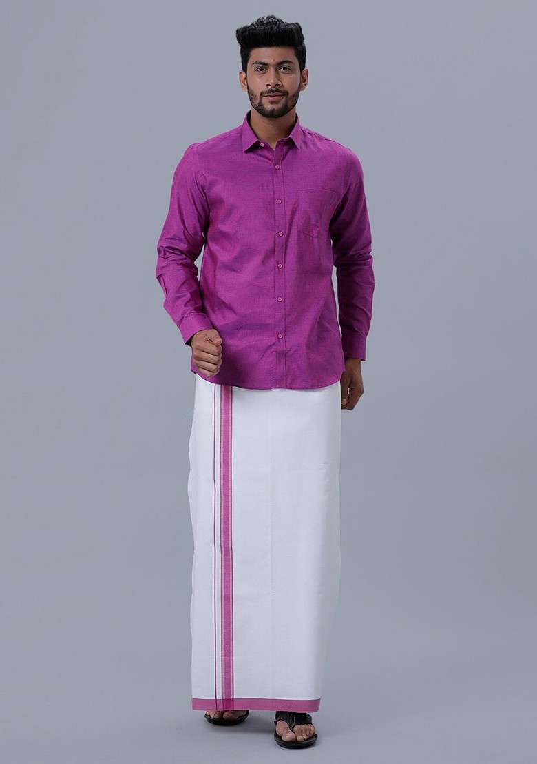 Purple Cotton Dhoti With Shirt For Men - Indya