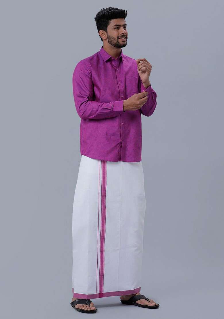 Purple Cotton Dhoti With Shirt For Men - Indya