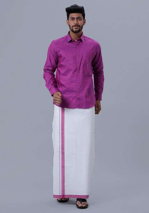 Purple Cotton Dhoti With Shirt For Men