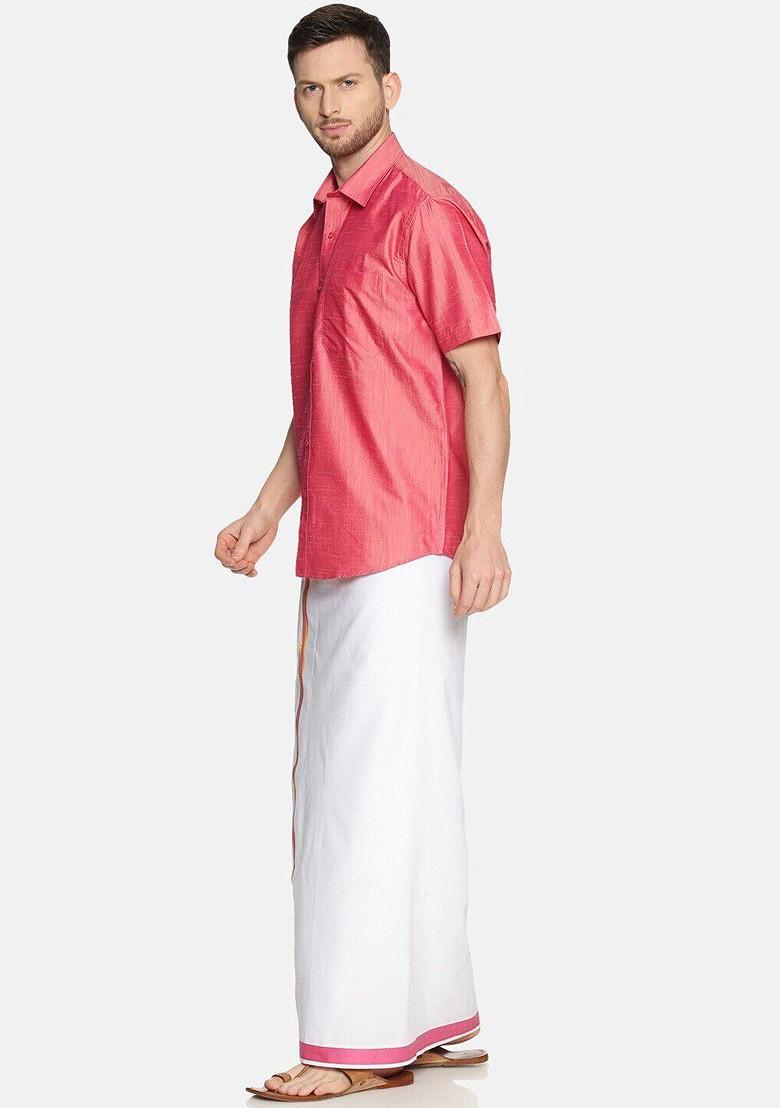 Pink Pure Cotton Yellow Half Sleeve Shirt And Dhoti Set For Men