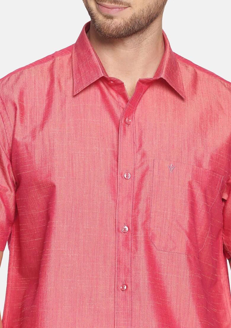 Pink Pure Cotton Yellow Half Sleeve Shirt And Dhoti Set For Men