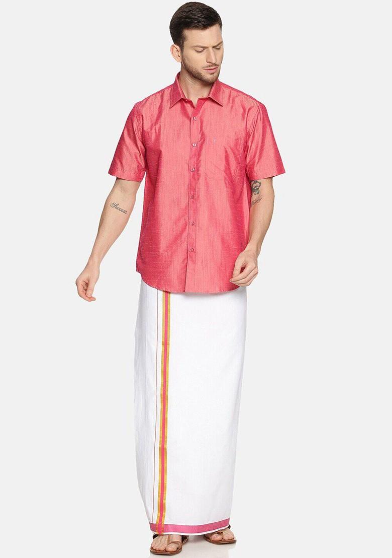 Pink Pure Cotton Yellow Half Sleeve Shirt And Dhoti Set For Men