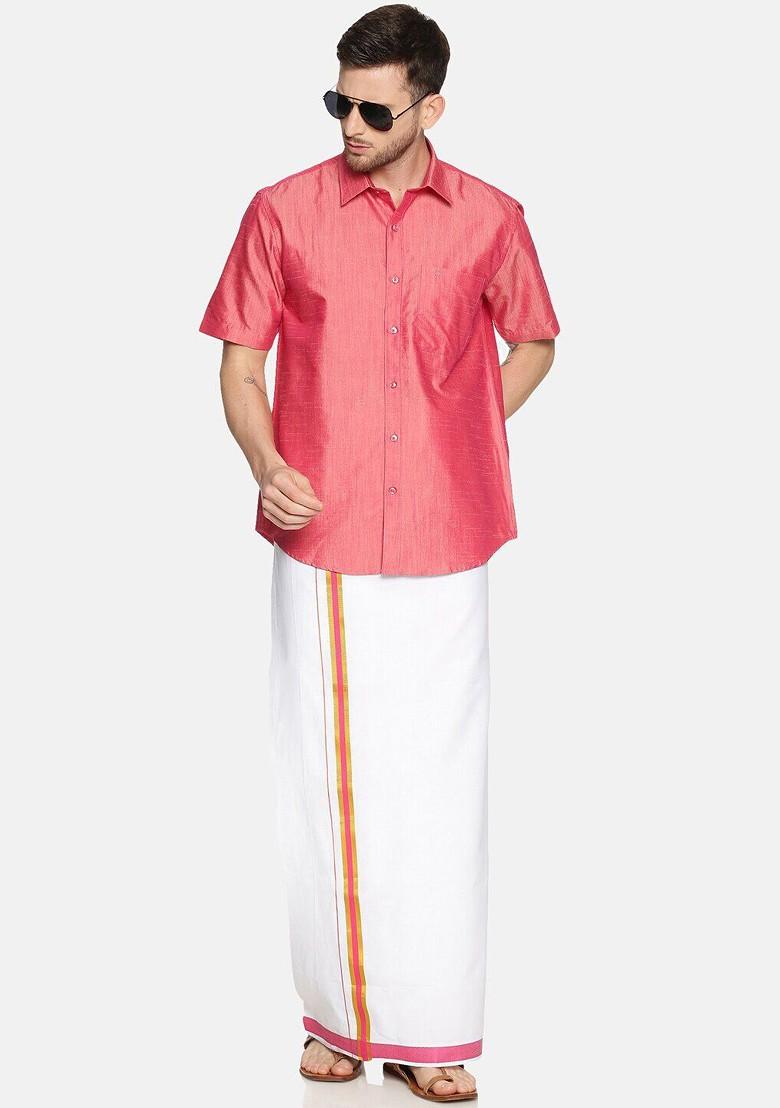 Pink Pure Cotton Yellow Half Sleeve Shirt And Dhoti Set For Men