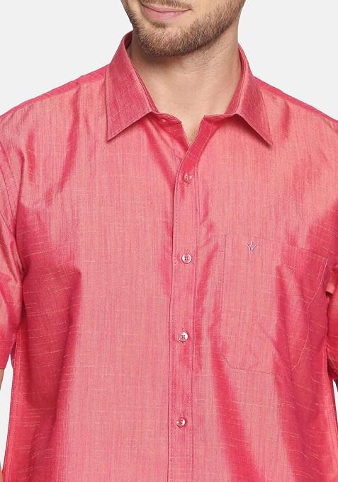 Pink Pure Cotton Yellow Half Sleeve Shirt And Dhoti Set For Men