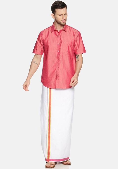Pink Pure Cotton Yellow Half Sleeve Shirt And Dhoti Set For Men