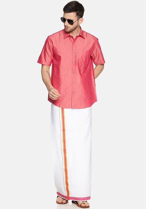 Pink Pure Cotton Yellow Half Sleeve Shirt And Dhoti Set For Men
