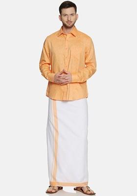Orange Pure Cotton Yellow Full Sleeve Shirt And Dhoti Set For Men