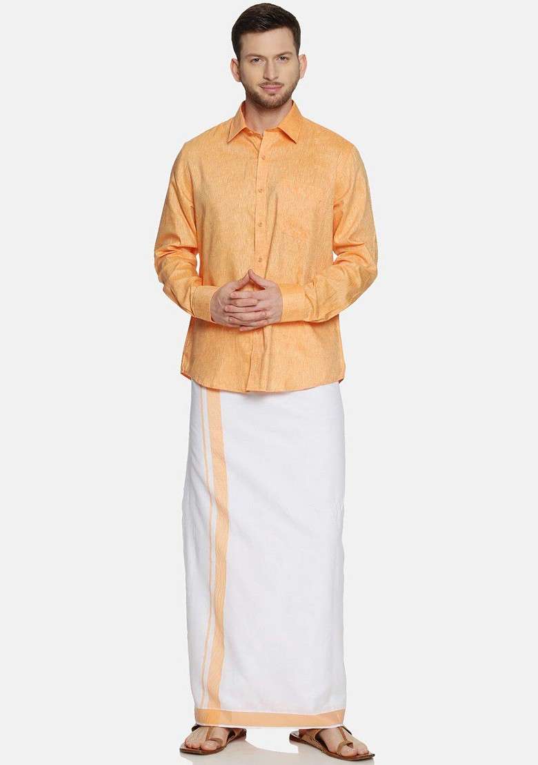 Orange Pure Cotton Yellow Full Sleeve Shirt And Dhoti Set For Men - Indya