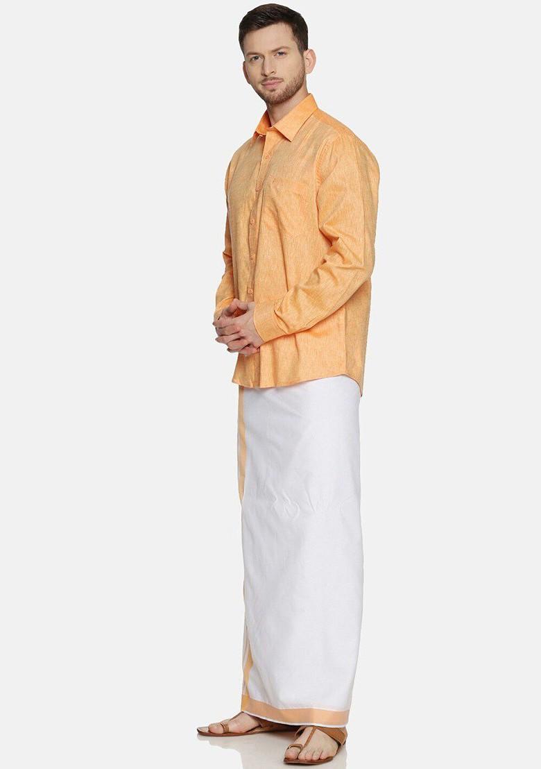 Orange Pure Cotton Yellow Full Sleeve Shirt And Dhoti Set For Men - Indya