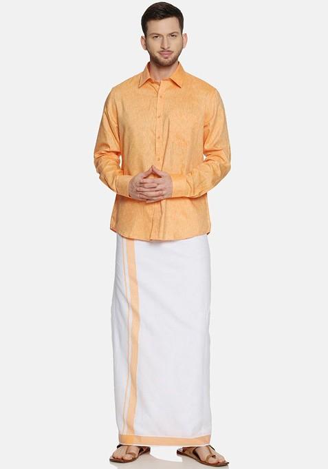 Orange Pure Cotton Yellow Full Sleeve Shirt And Dhoti Set For Men