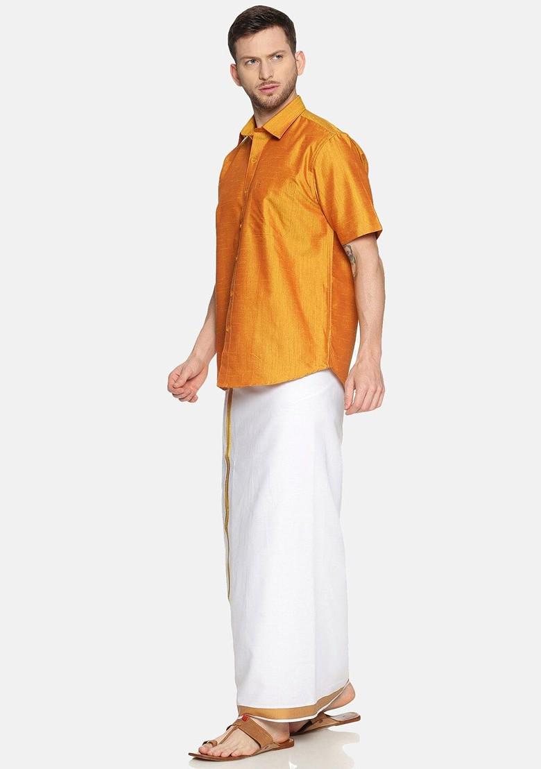 Gold Pure Cotton Yellow Half Sleeve Shirt And Dhoti Set For Men