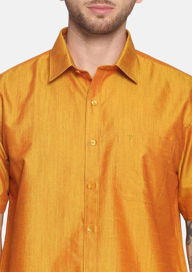 Gold Pure Cotton Yellow Half Sleeve Shirt And Dhoti Set For Men