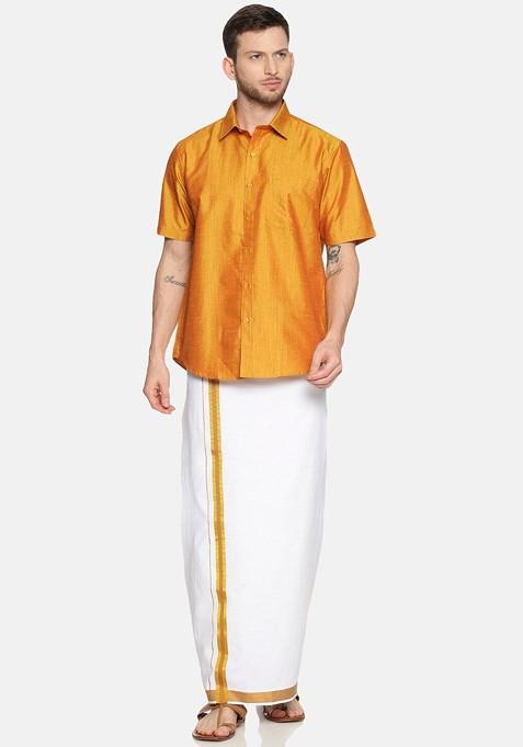 Gold Pure Cotton Yellow Half Sleeve Shirt And Dhoti Set For Men